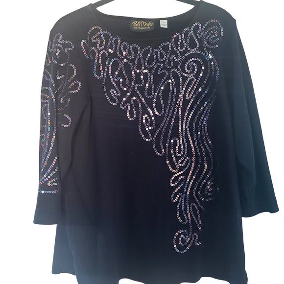 VTG Bob Mackie Wearable Art Black Sequin Holographic 3/4 Sleeve Cotton Top L - Picture 4 of 10